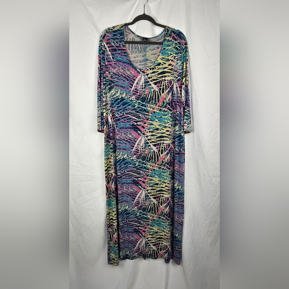 Slinky Brand Multicolored Jersey Knit Artsy Mature Maxi Dress Women's sz 2X